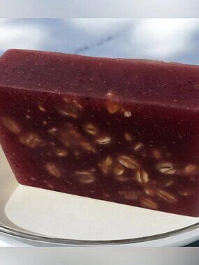 Jasmine vanilla rose oatmeal scrub burgundy soap handmade 3x2in 6oz oatmeal base